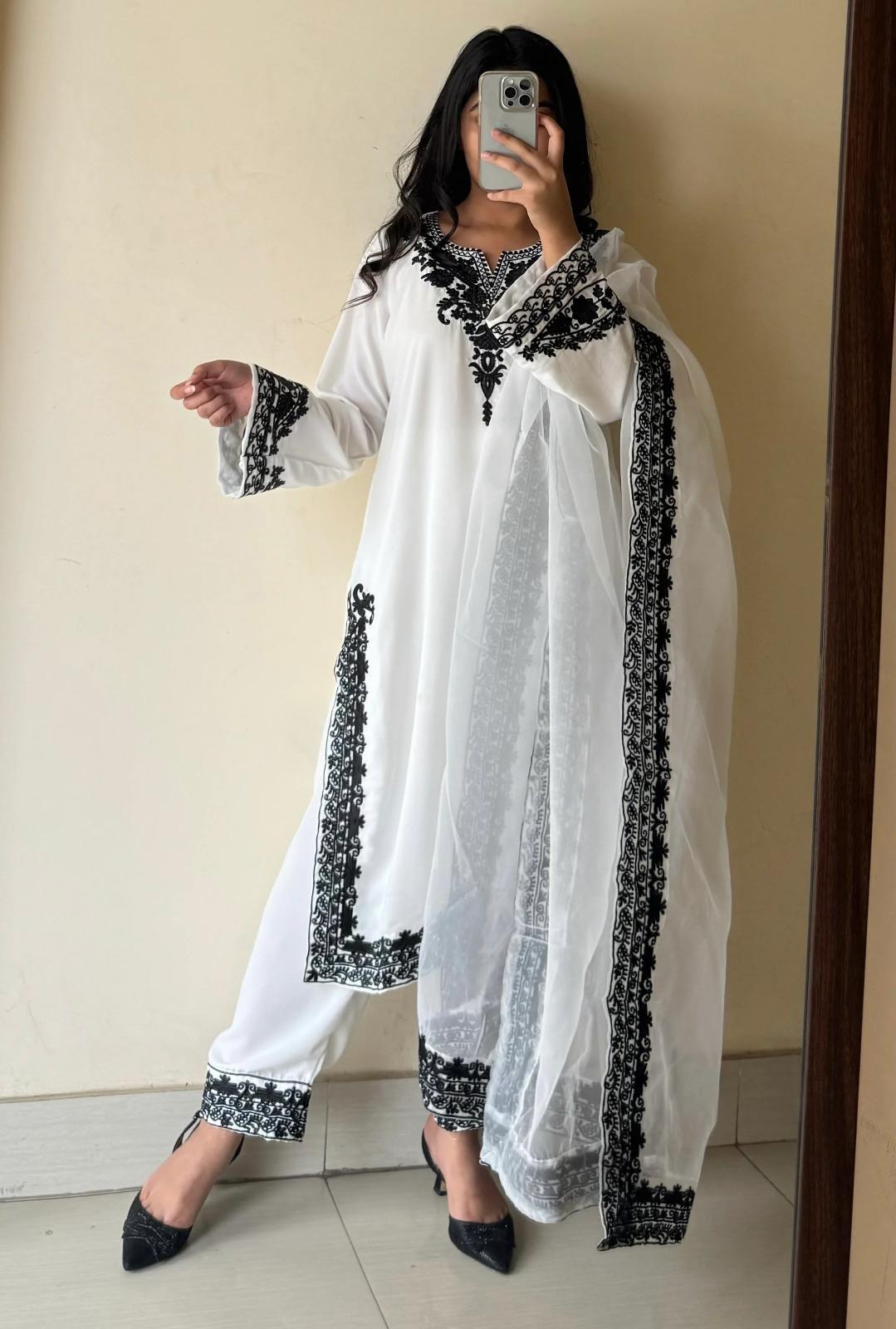 Women's Stitched Embroidered Suit Set - 3 Pcs in White with Organza Dupatta