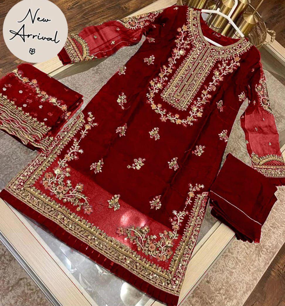Stunning Women's Stitched Suit Set - 3 Pcs Hand Embroidered Design with Organza Dupatta