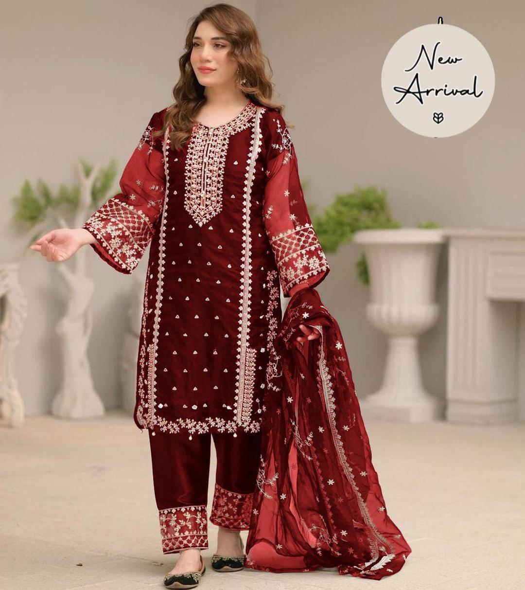 Maroon Embroidered Organza Suit Set - 3 Pcs for Women