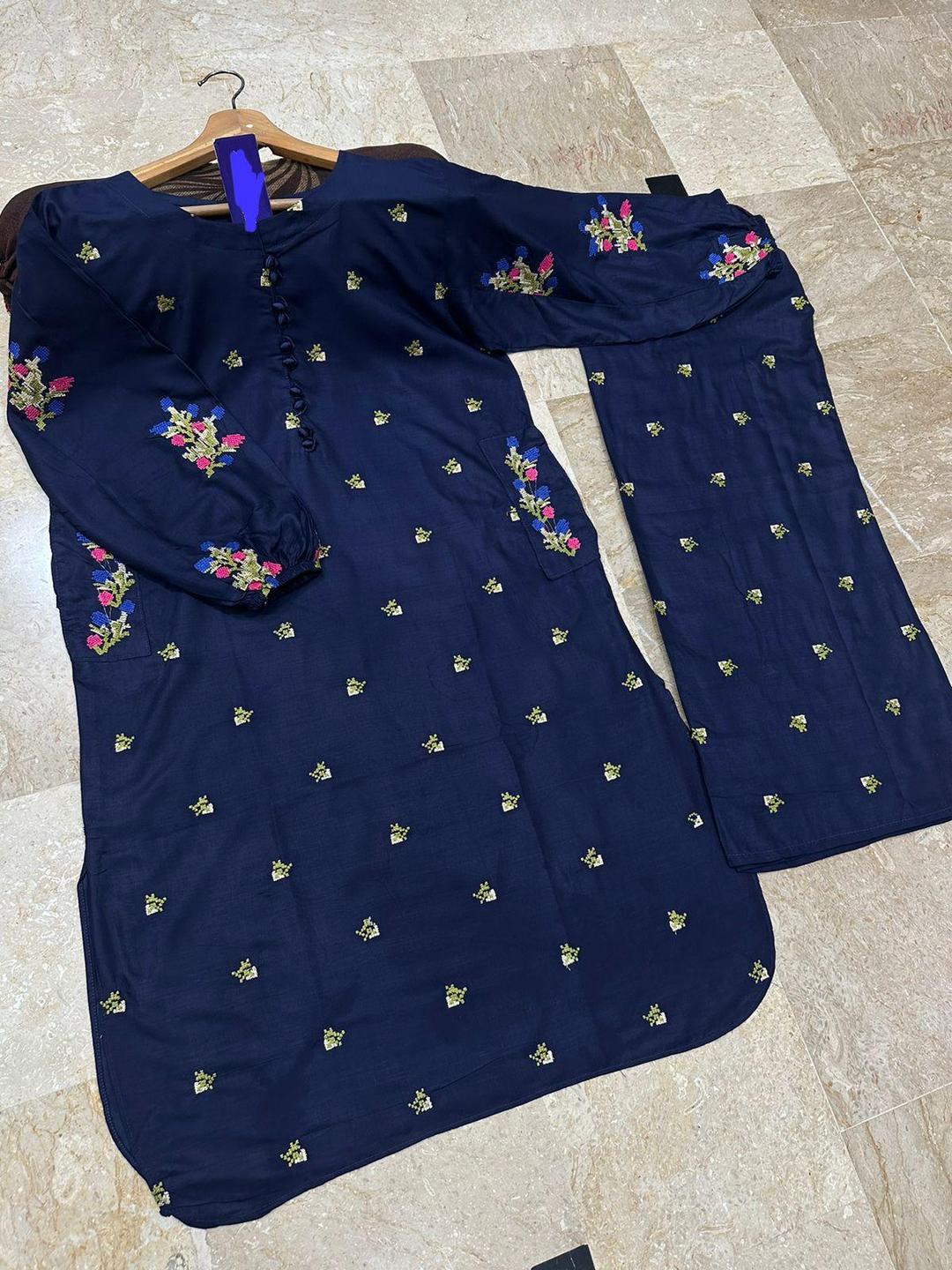 2 Pcs Women's Stitched Linen Embroidered Shirt And Trouser