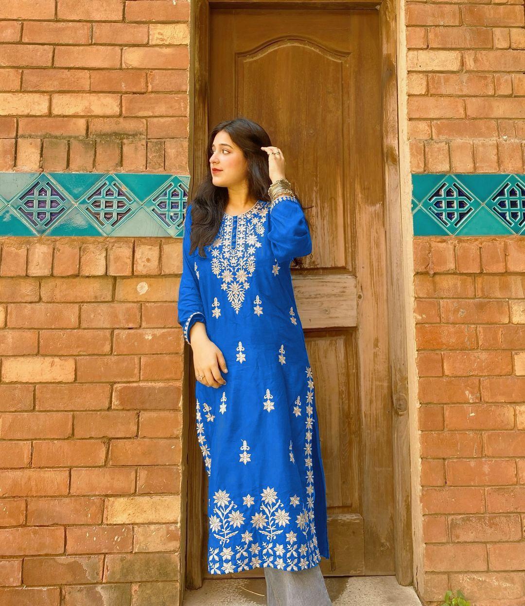 Embroidered Linen Shirt And Trouser Set - Standard Size, 2 Pcs in Blue