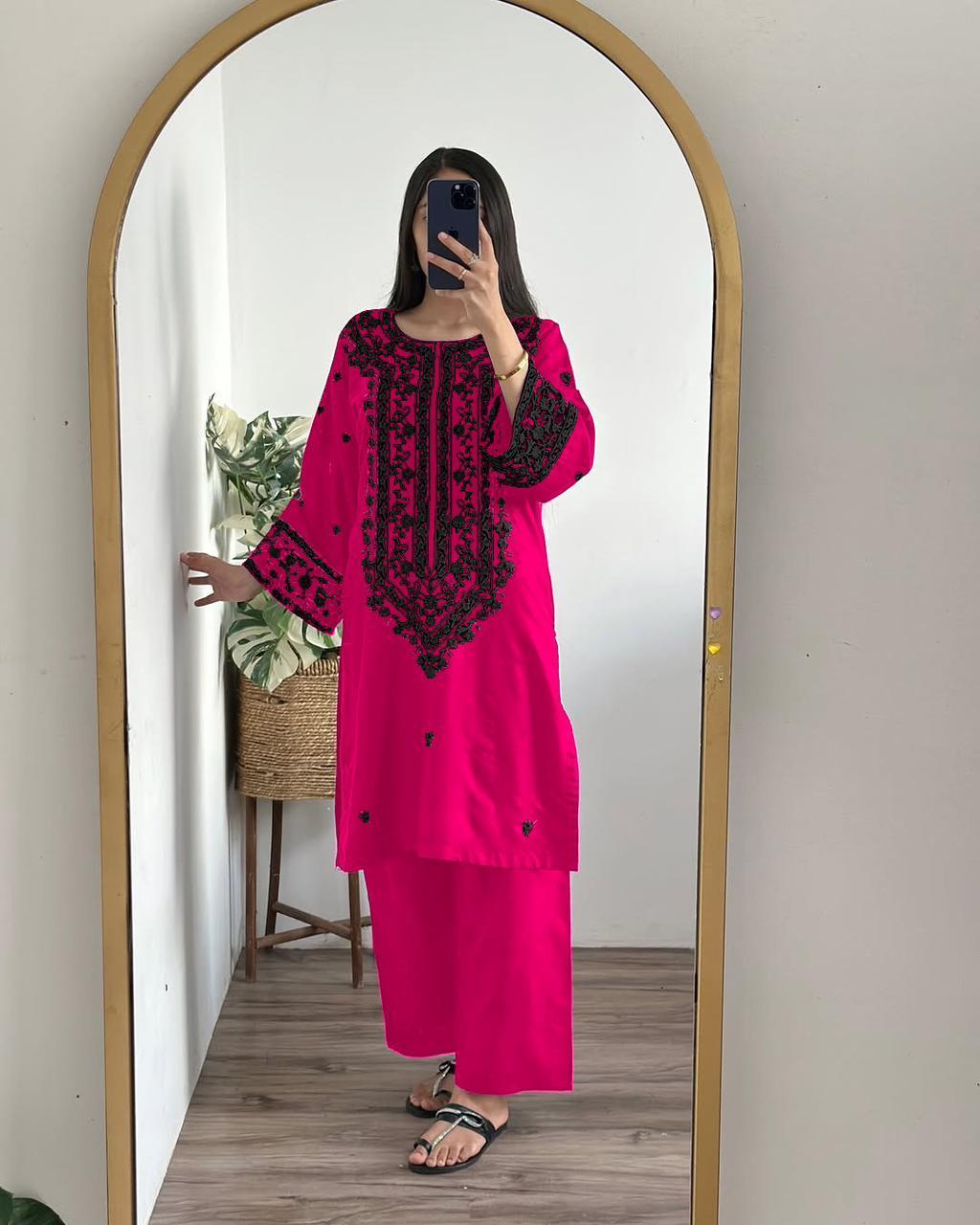 2 Pcs Women's Stitched Cotton Embroidered Shirt And Trouser