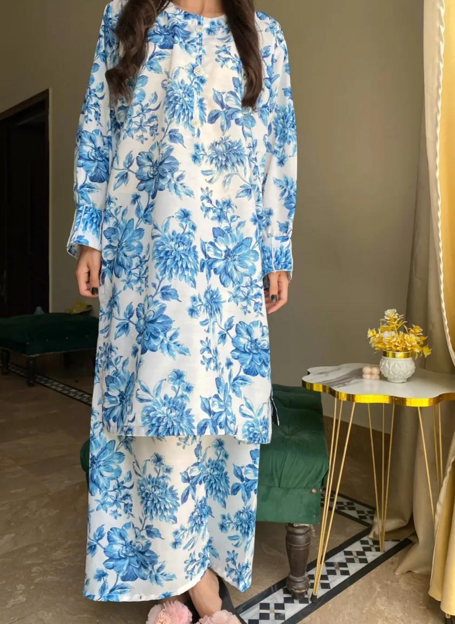2 Pcs Women's Stitched Swiss Lawn Printed Shirt And Trouser