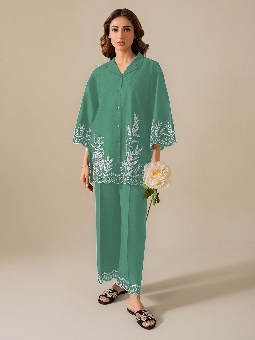 2 Pcs Women's Stitched Cotton Net Digital Print Shirt And Trouser