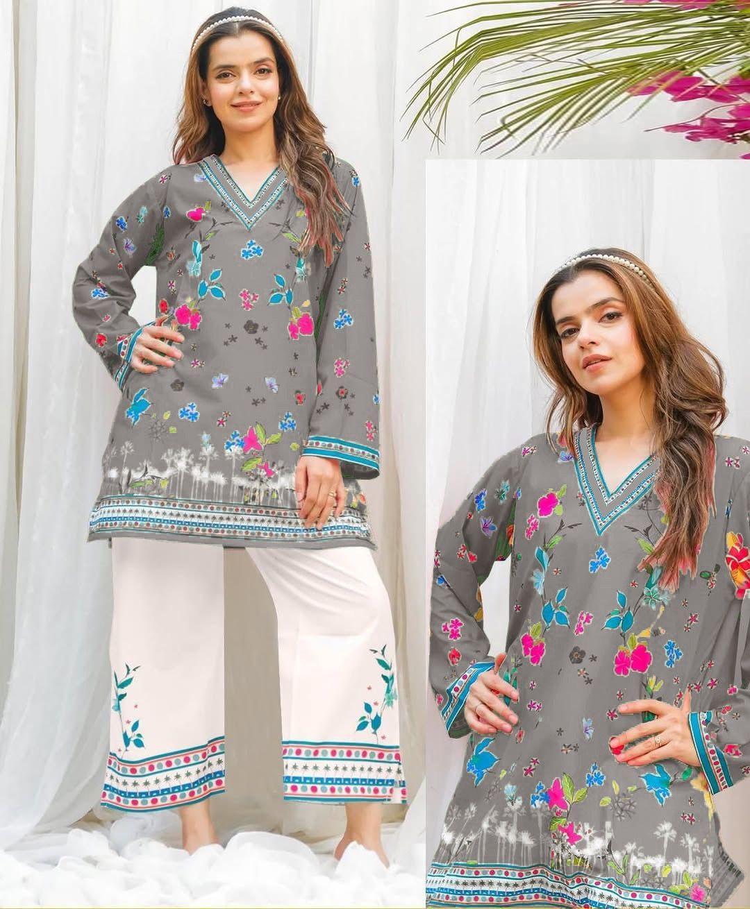 2 Pcs Women's Stitched Swiss Lawn Digital Print Shirt And Trouser