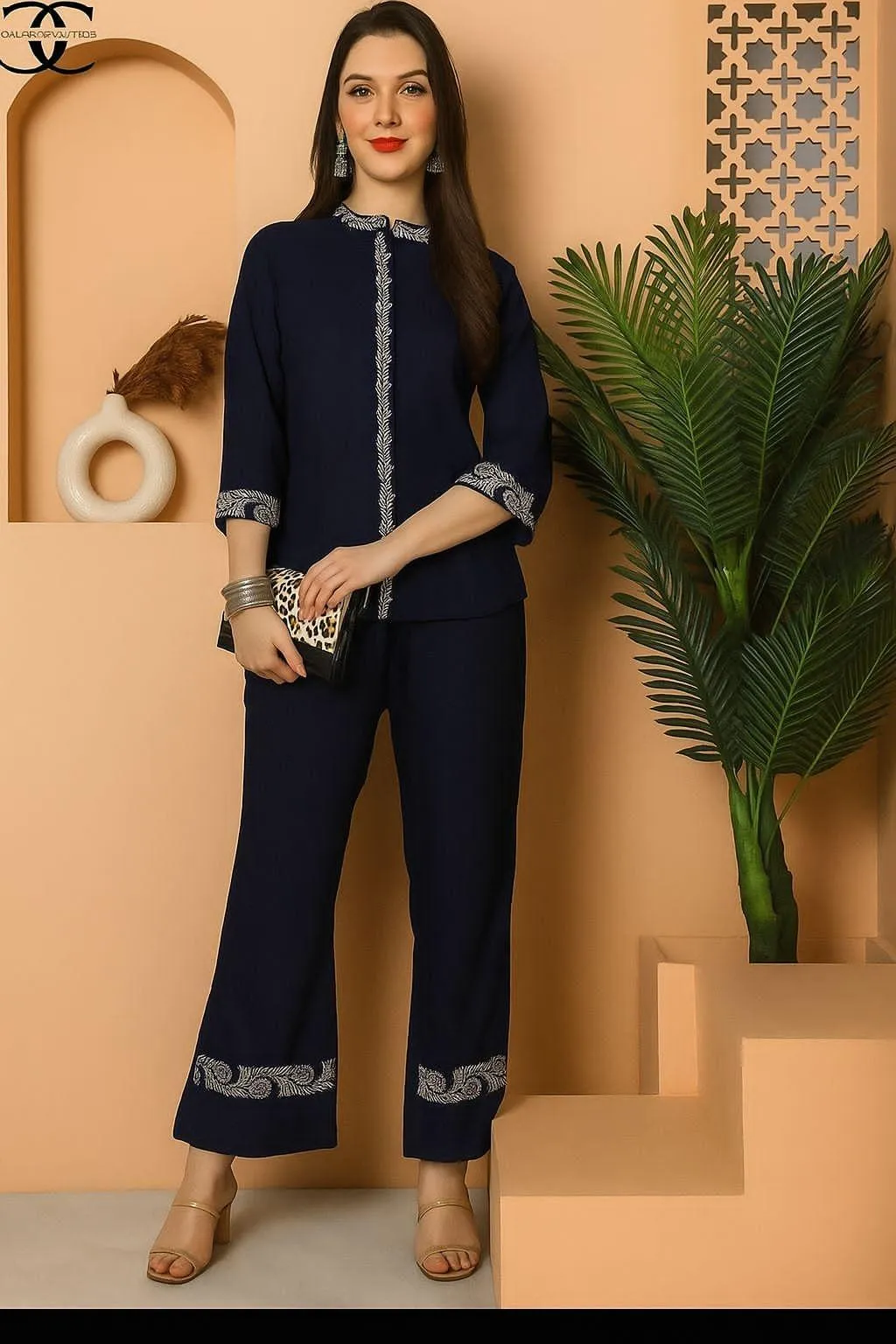 2 Pcs Women's Stitched Cotton Embroidered Shirt And Trouser