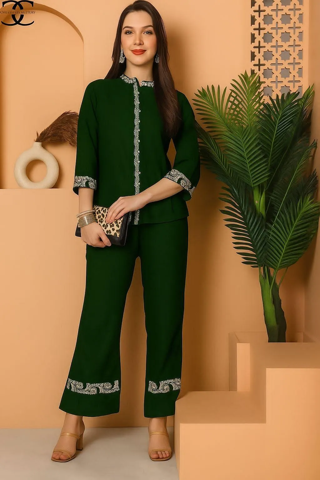 2 Pcs Women's Stitched Cotton Embroidered Shirt And Trouser