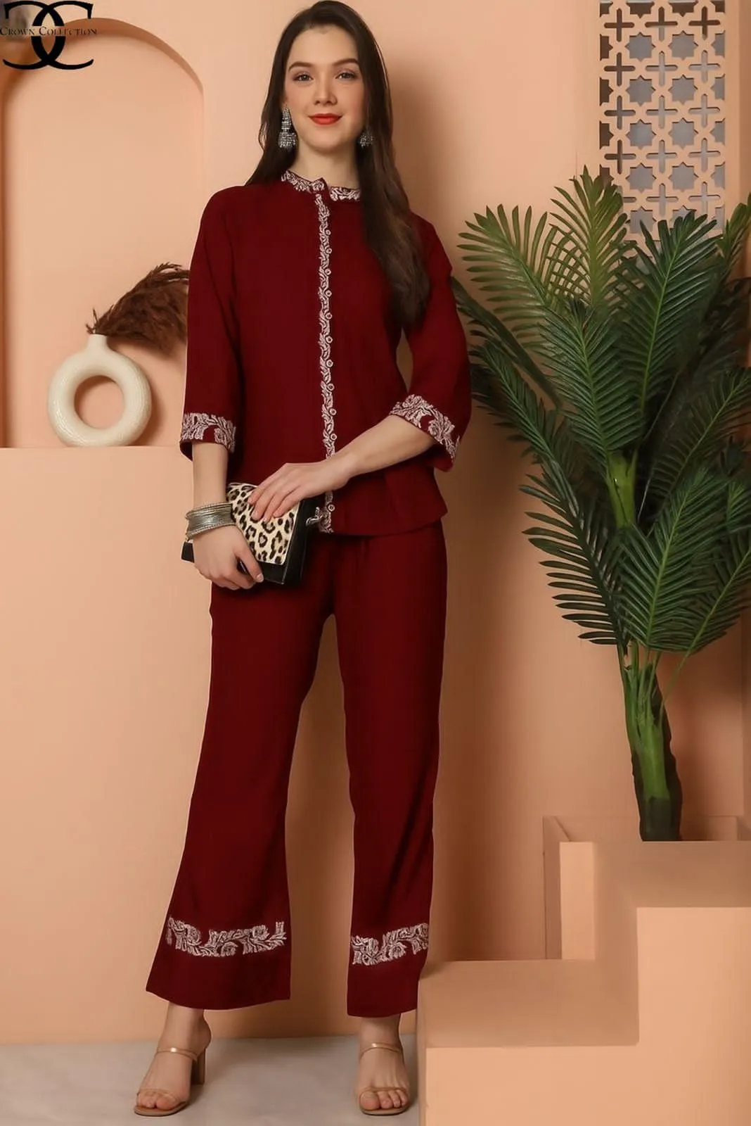 2 Pcs Women's Stitched Cotton Embroidered Shirt And Trouser