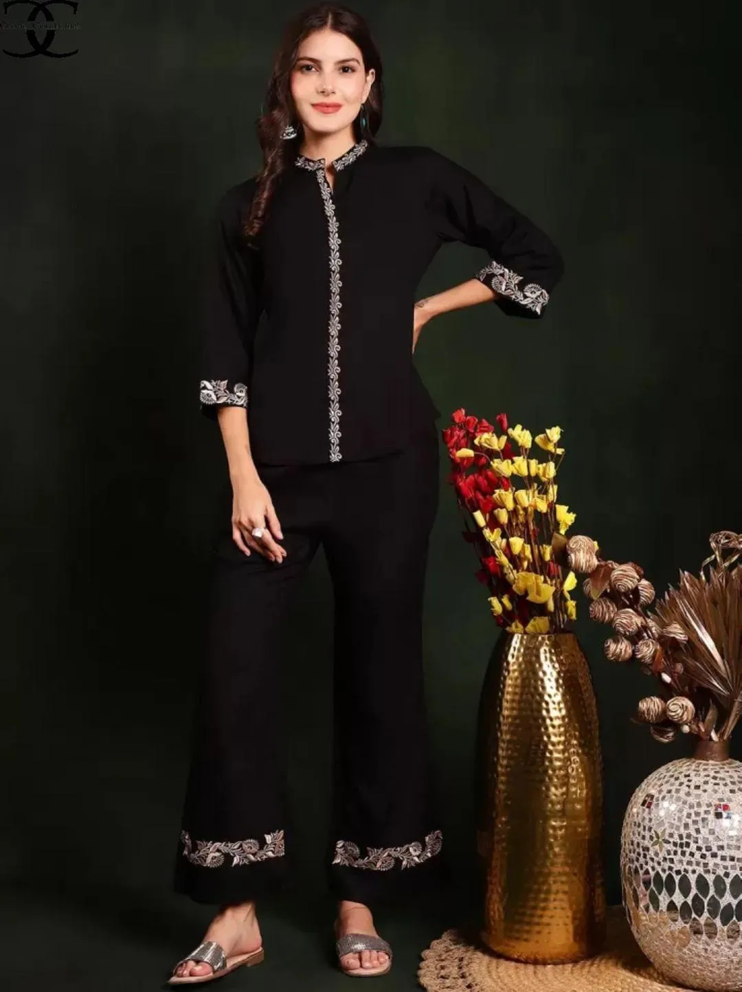 2 Pcs Women's Stitched Cotton Embroidered Shirt And Trouser