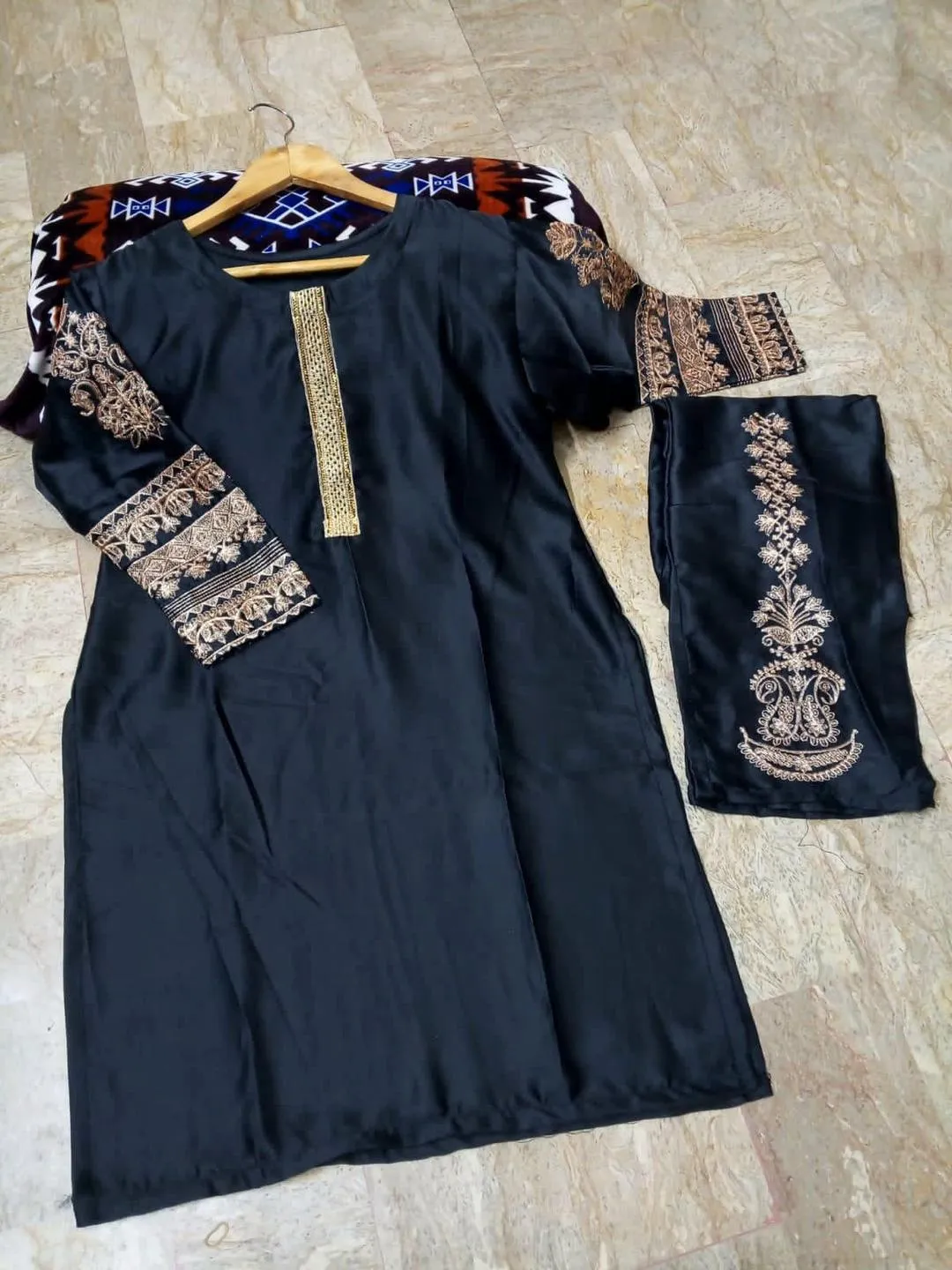 2 Pcs Women's Stitched Silk Embroidered Shirt And Trouser view 3