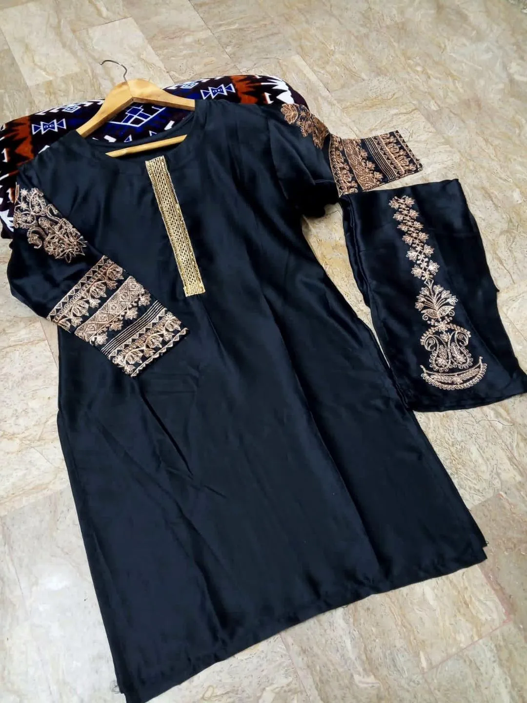 2 Pcs Women's Stitched Silk Embroidered Shirt And Trouser view 4