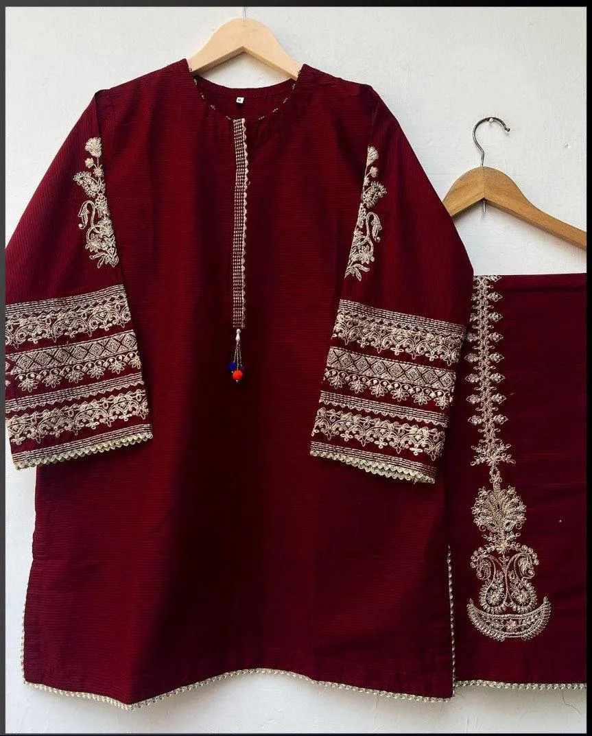 2 Pcs Women's Stitched Silk Embroidered Shirt And Trouser