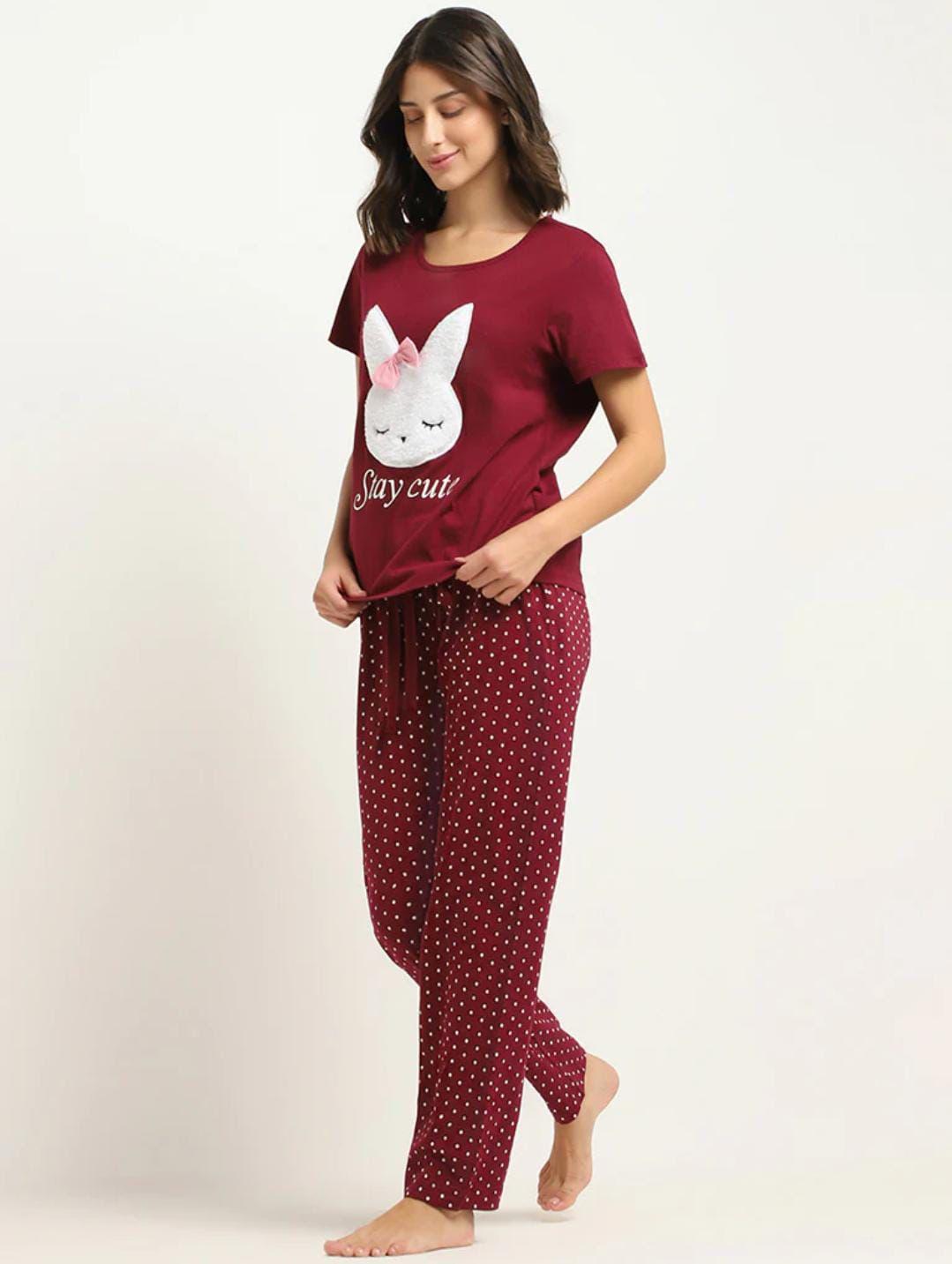 Comfortable Printed Cotton Jersey Night Suit - 2 Pcs Set