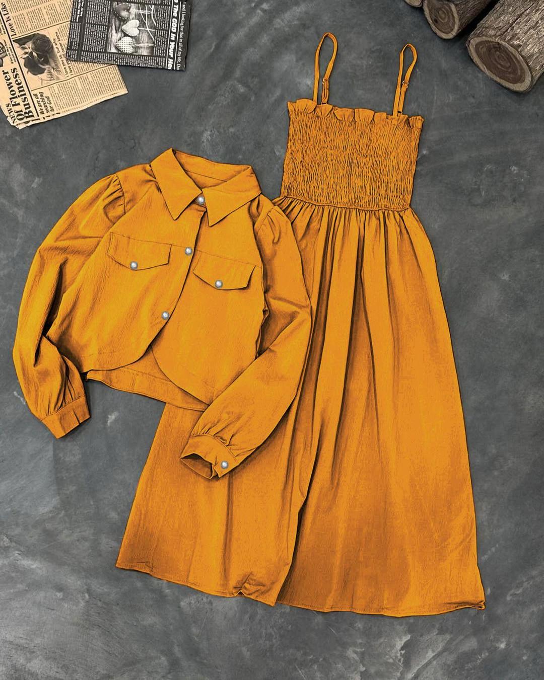 Kaaj Button Coati with Gazzer Romper Frock – 2 Piece Set