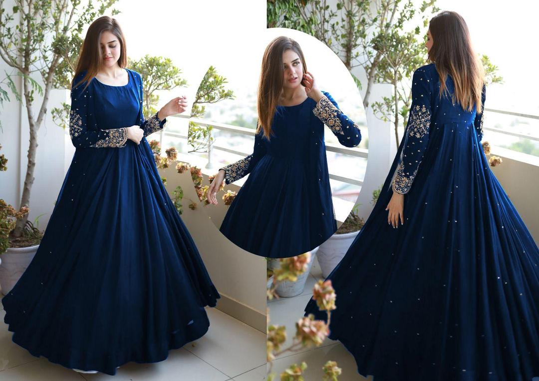 Navy Blue Embroidered Maxi Set with Trouser - 3 Piece Women's Stitched Ensemble