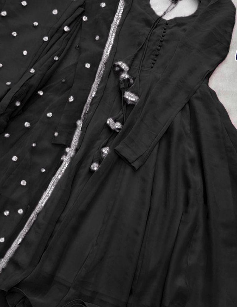 Stylish 3 Pcs Women's Chiffon Maxi Suit with Dupatta and Trouser - Plain Square Neck Design