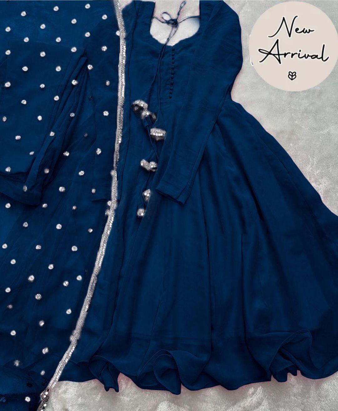 Stylish 3 Pcs Women's Chiffon Maxi Suit with Dupatta and Trouser - Plain Square Neck Design