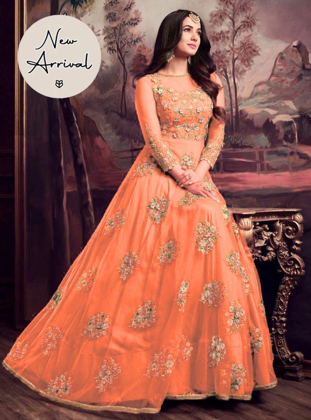 Women's Embroidered Organza Maxi and Trouser Set - 2 Pcs in Vibrant Orange