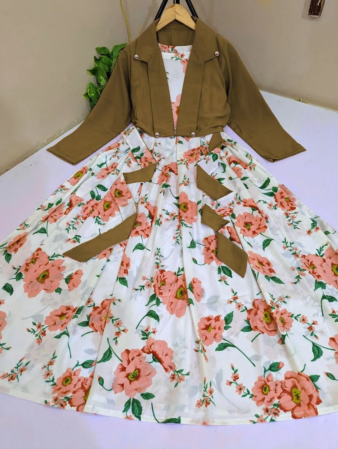 2 Pcs Women's Stitched Silk Digital Print Maxi and Jacket