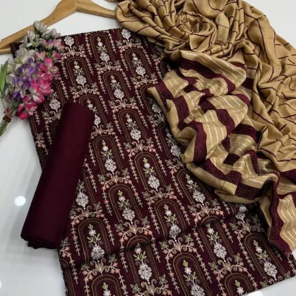 3 Pcs Women's Unstitched Embroidered Suit