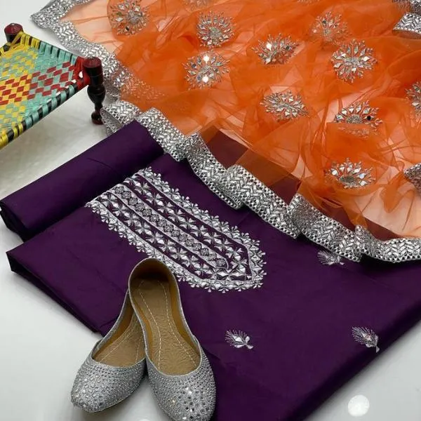 3 Pcs Women's Unstitched Mirror Work Suit