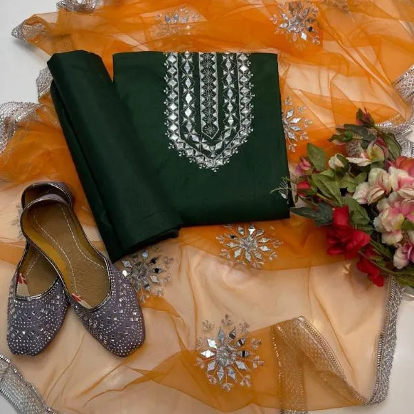 3 Pcs Women's Unstitched Mirror Work Suit