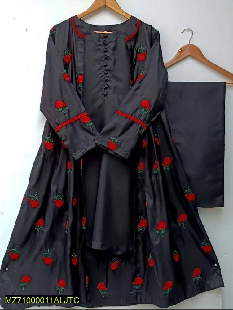 Fancy Stitched Katan Silk Gown with Red Rose Embroidery