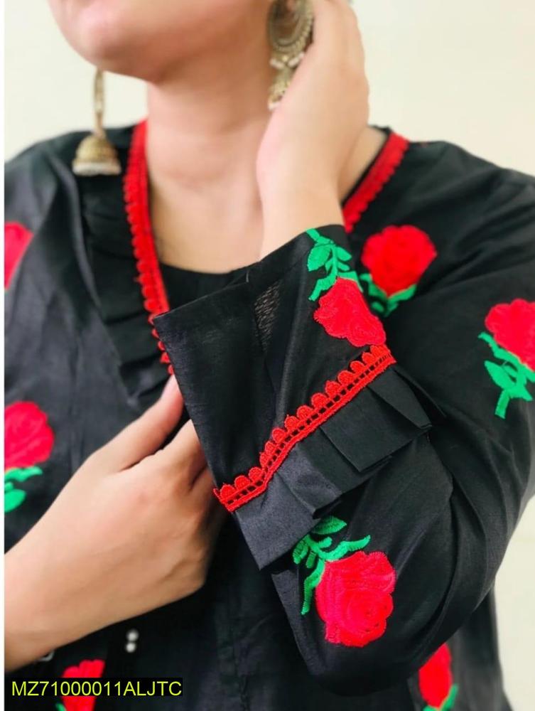 Fancy Stitched Katan Silk Gown with Red Rose Embroidery