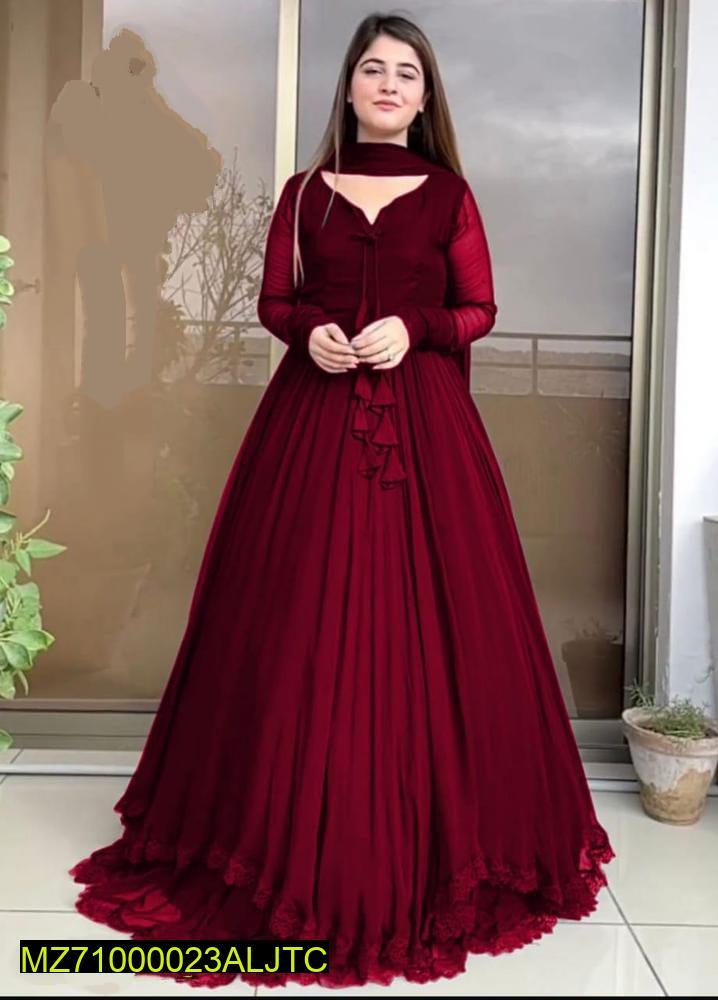 Women Maroon Chiffon Maxi Suit 3 Pcs Round Neck