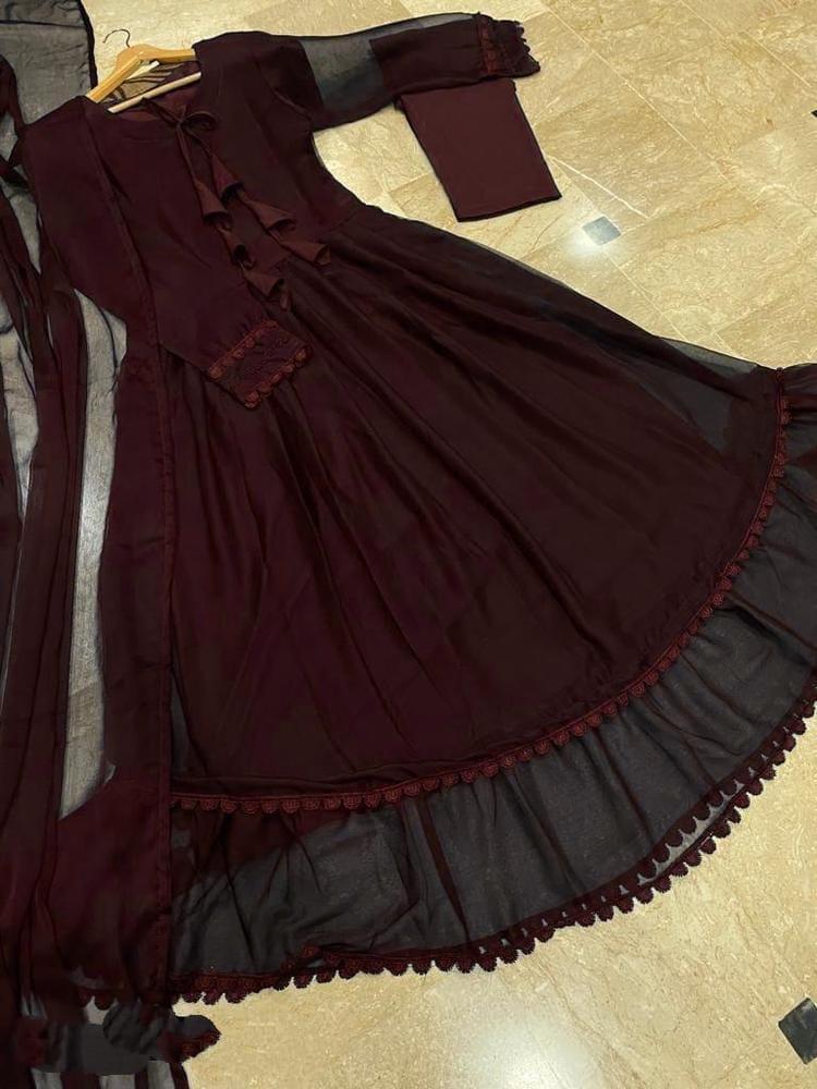 Women Maroon Chiffon Maxi Suit 3 Pcs Round Neck