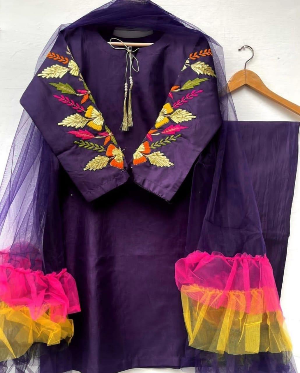 Stunning Women's Stitched Suit Set - 3 Pcs with Embroidered Katan Silk