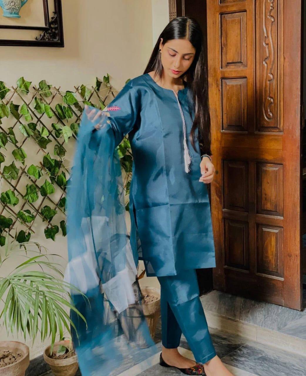 Stunning Women's Stitched Suit Set - 3 Pcs with Embroidered Katan Silk