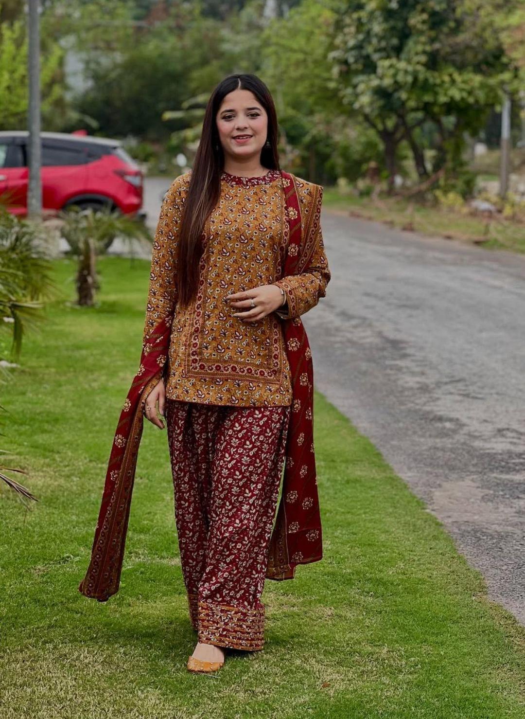 Stylish Women's Stitched Printed Suit - 3 Pcs Set in Brown