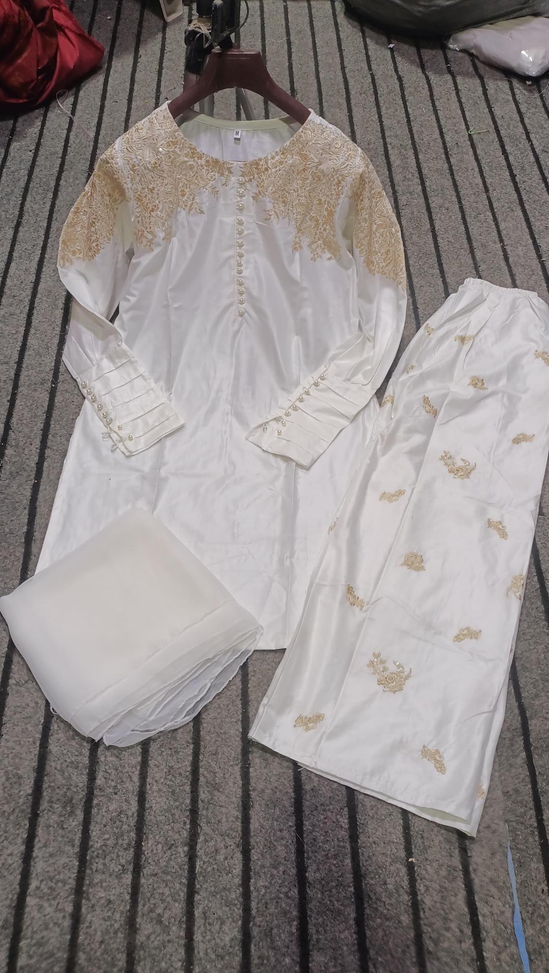 Embroidered Linen Suit Set - 3 Pcs with Chiffon Dupatta for Women