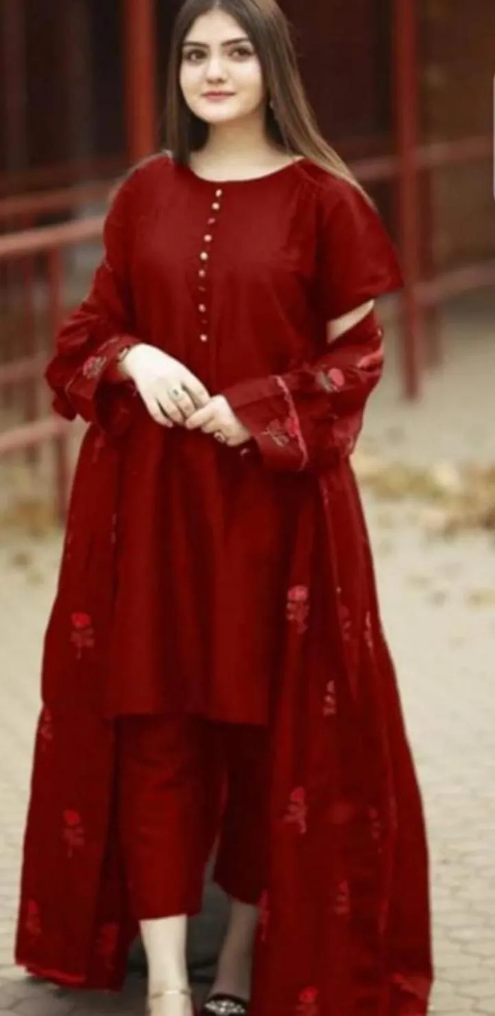 Women's Silk Embroidered Suit Set - 3 Pcs in Maroon