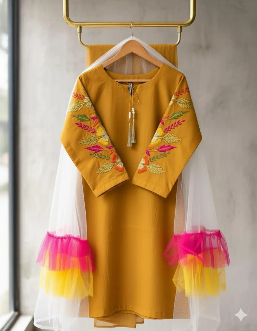 Mustard Silk Embroidered Women Suit 3 Pcs Round Neck