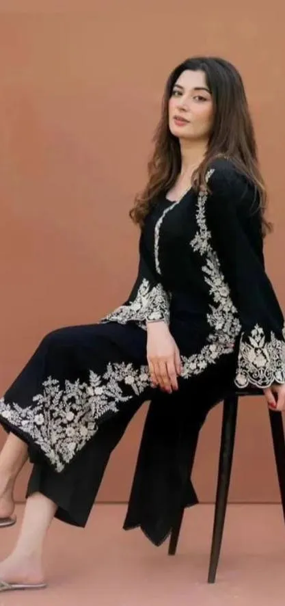 Stunning Black Women's Stitched Suit - 3 Pcs Cotton Embroidered Ensemble