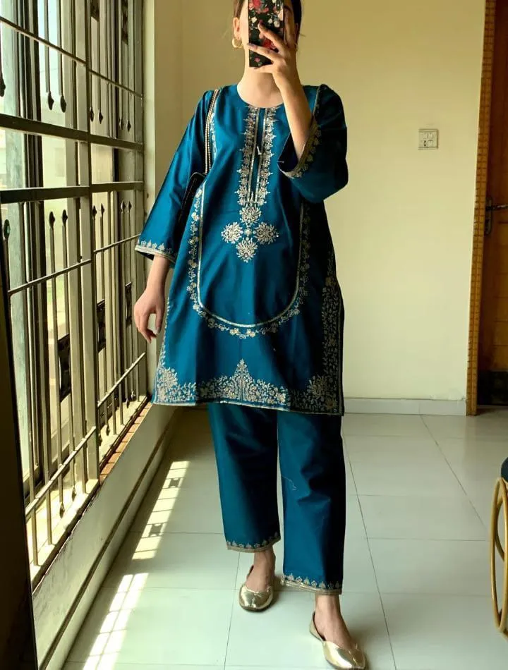 Elegant Blue Linen Embroidered Suit - 3 Pcs Set