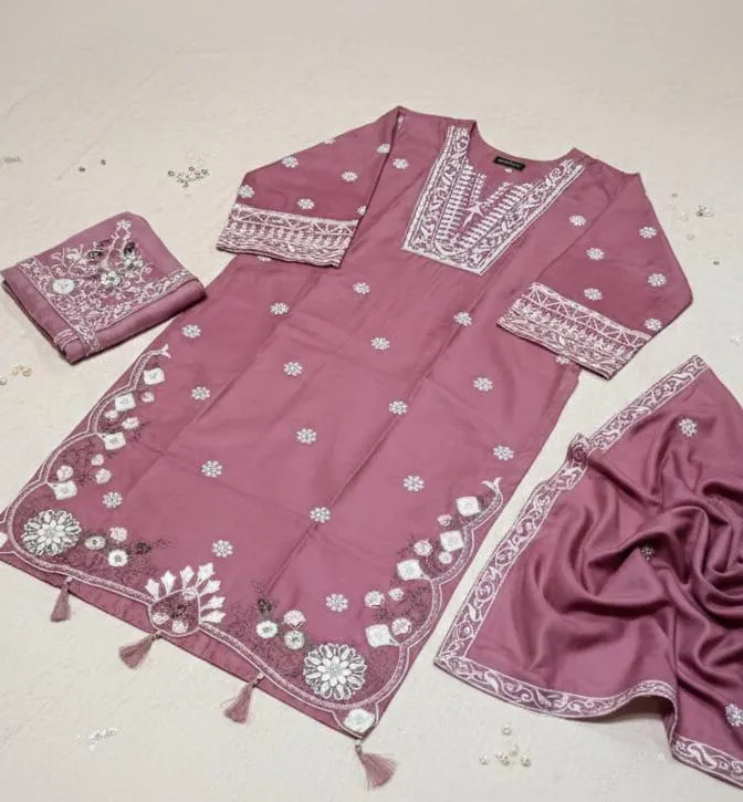 Embroidered Linen Women's Stitched Suit - 3 Pcs in Dusty Rose