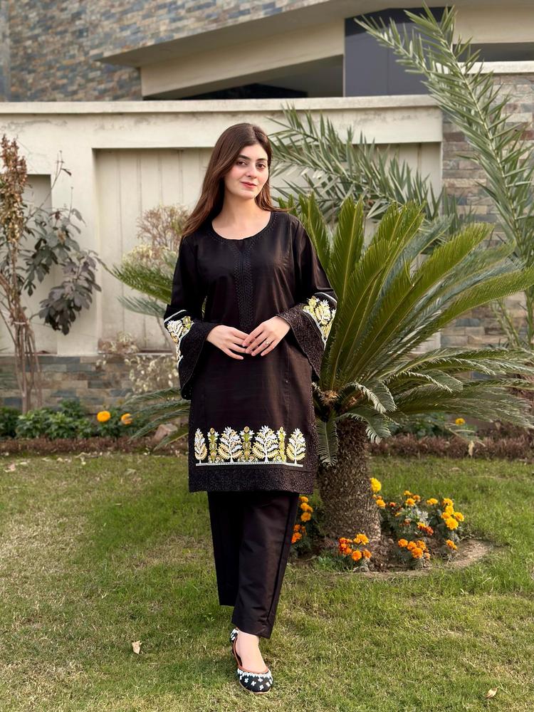 2 Pcs Women's Stitched Lawn Embroidered Shirt And Trouser
