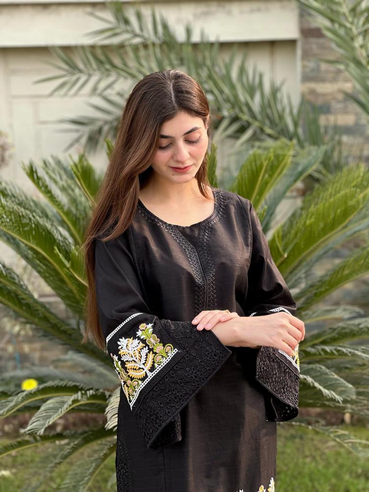 2 Pcs Women's Stitched Lawn Embroidered Shirt And Trouser