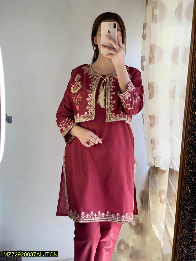 2 Pcs Women's Stitched Cotton Lawn Sequins Embroidered Shirt And Trouser