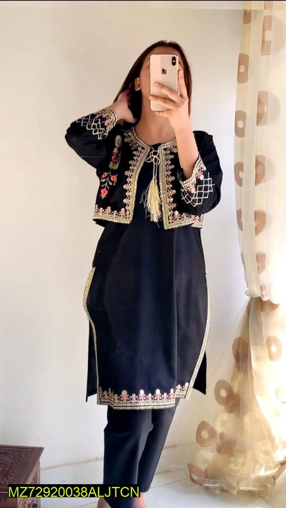 2 Pcs Women's Stitched Cotton Sequins Embroidered Shirt And Trouser