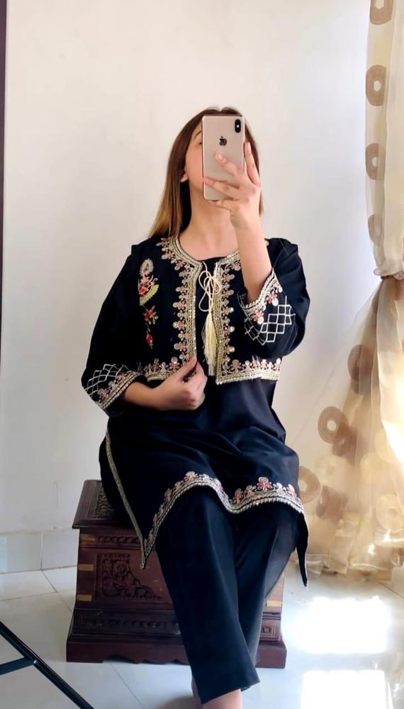 2 Pcs Women's Stitched Cotton Sequins Embroidered Shirt And Trouser
