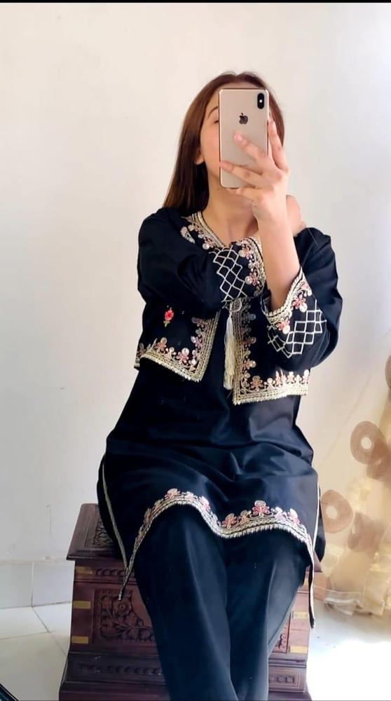 2 Pcs Women's Stitched Cotton Sequins Embroidered Shirt And Trouser