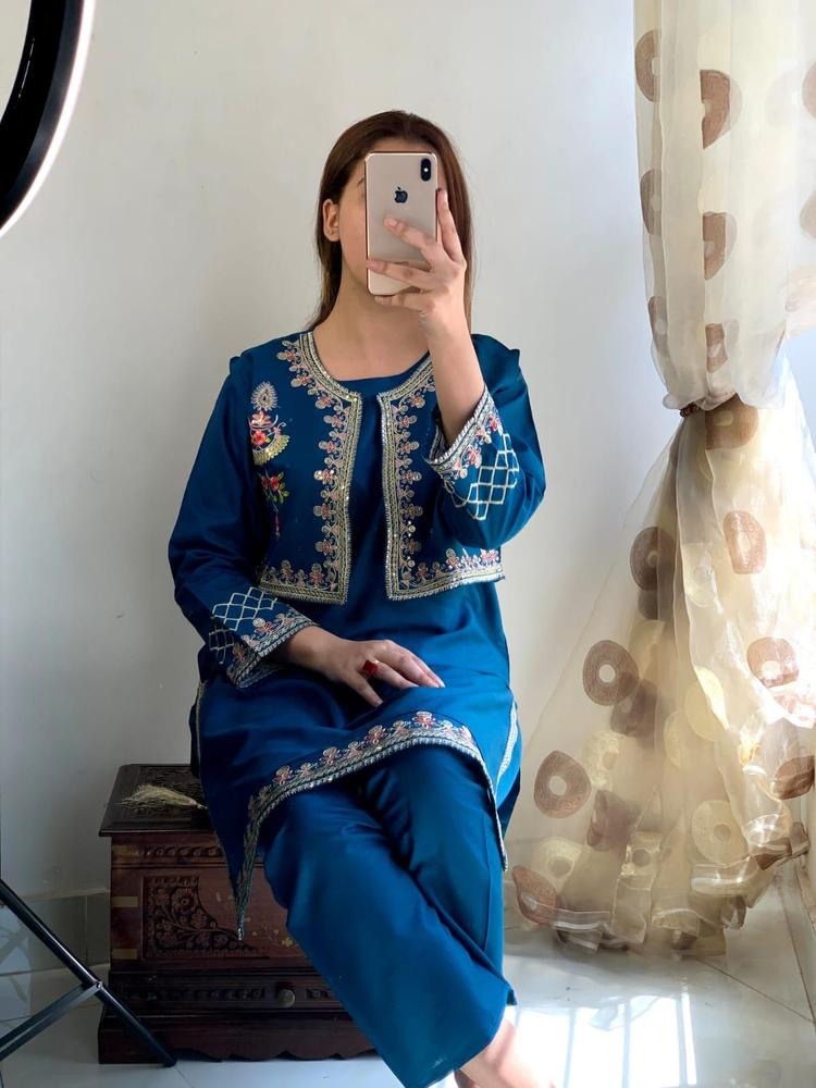 2 Pcs Women's Stitched Cotton Sequins Embroidered Shirt And Trouser