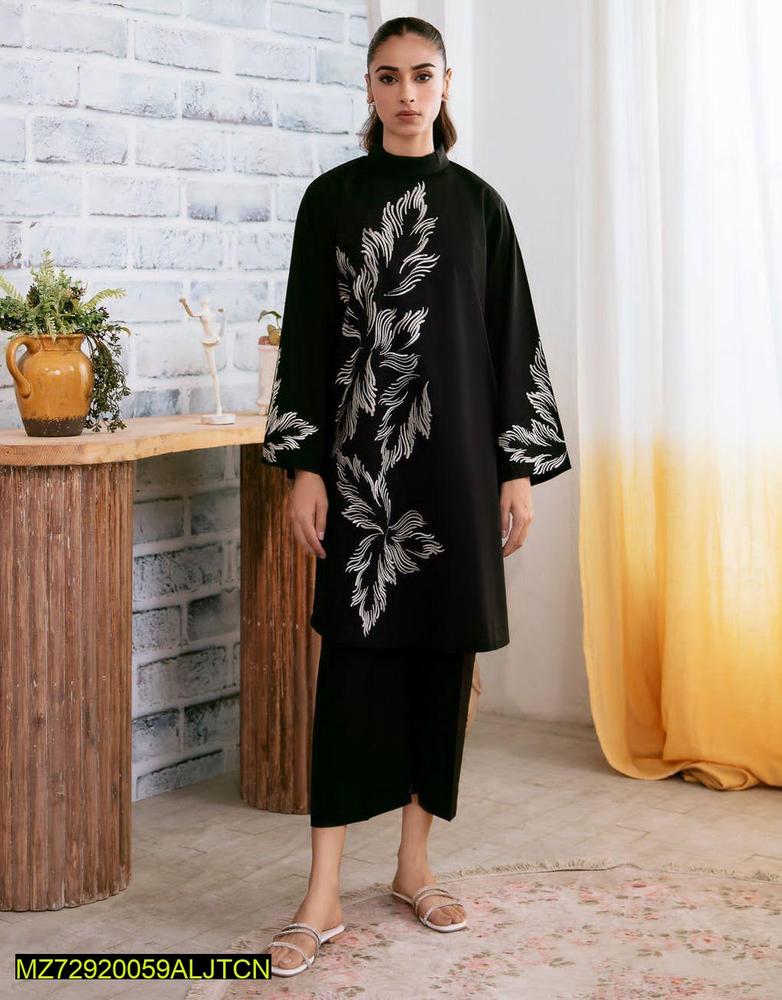 2 Pcs Women's Stitched Linen Printed Shirt And Trouser