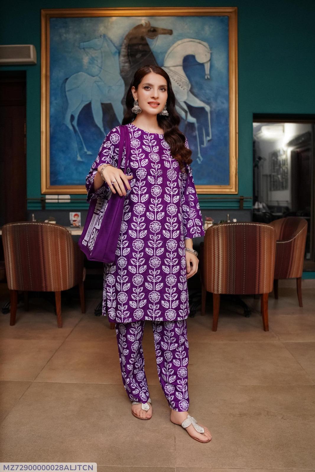 2 Pcs Women's Stitched Linen Printed Shirt And Trouser