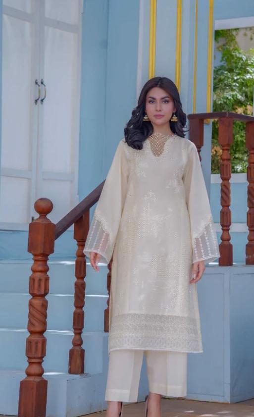 Stylish Women's Stitched Embroidered Cotton Shirt And Trouser Set - 2 Pcs