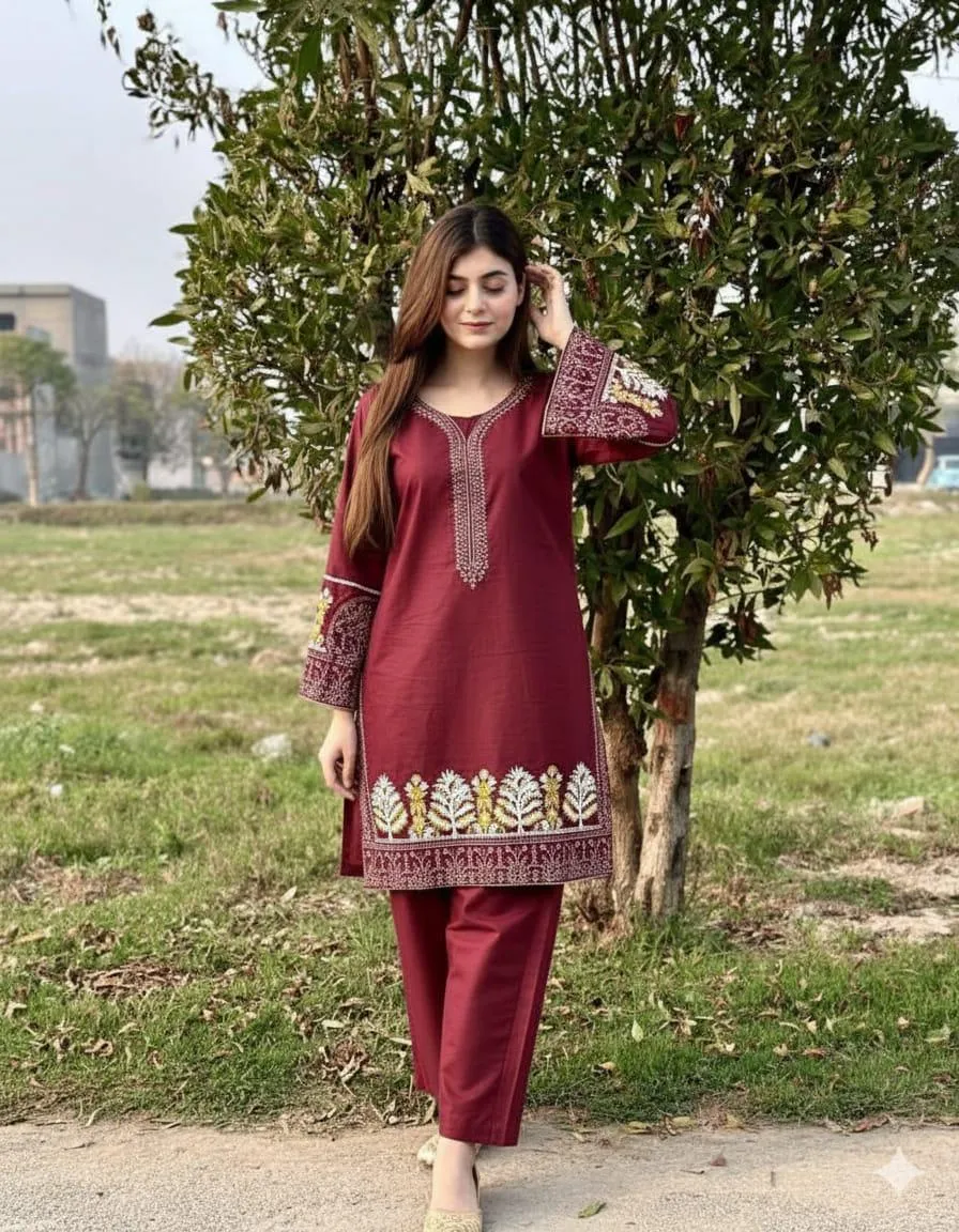 2 Pcs Women's Stitched Linen Embroidered Shirt And Trouser